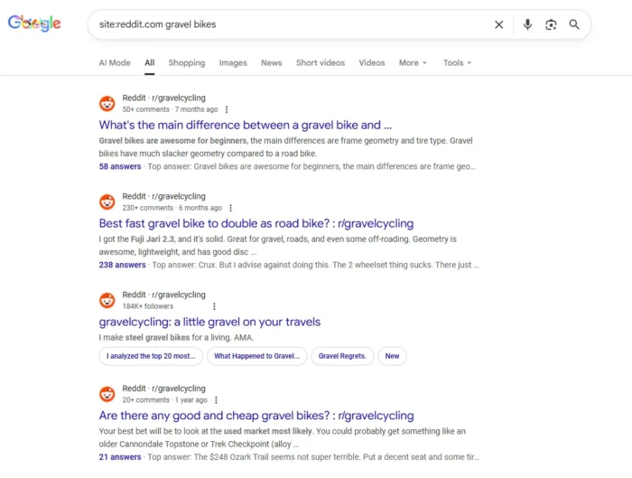 Dynamic SEO Pro Google search results page for ‘site:reddit.com gravel bikes,’ showing multiple r/gravelcycling threads ranking.