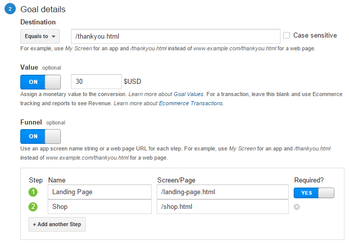 Goal Details for Google Analytics to use in your content strategy. 
