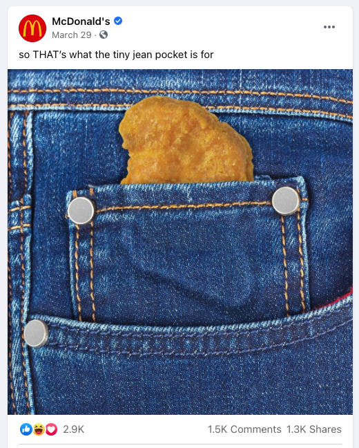 facebook post - chicken nugget in small pocket of jeans for mcdonalds