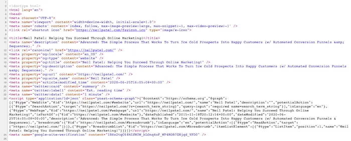  A screenshot of the source code for neilpatel.com showing the <head> section and all the meta tags contained within it for this particular page. 