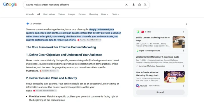 AI Overview results for the search term “how to make content marketing effective.”