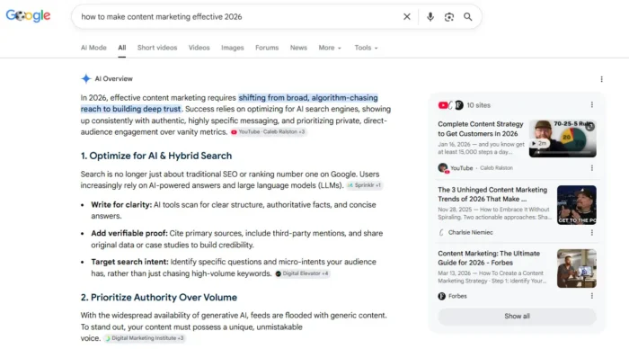 AI Overview results for the search term “how to make content marketing effective 2026.”