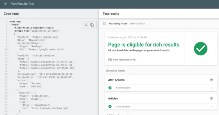A screenshot of Google’s Rich Results Test tool with a JSON-LD example being validated. Shows readers exactly how implementation looks in practice.