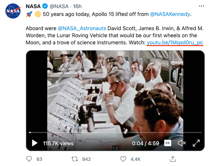 Link Shortener Alternatives à Goo.gl - Exemple de vidéo YouTube de la NASA