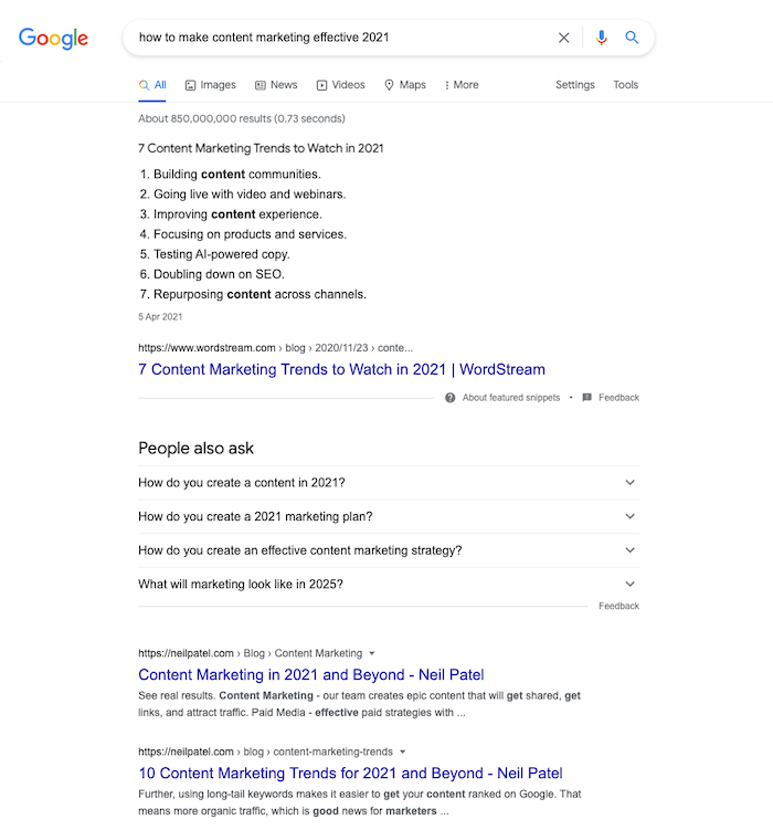 meta tags - showing results for google search "how to make content marketing effective in 2021"
