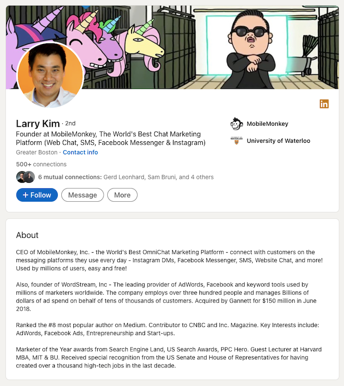 Larry Kim LinkedIn Social Media Profile Example