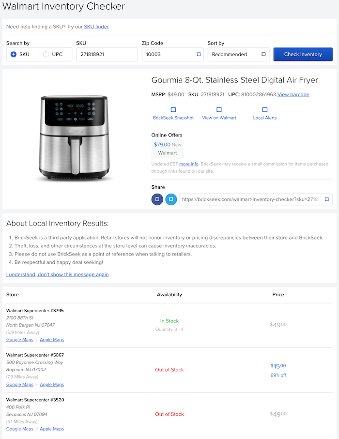 walmart air fryer on brickseek