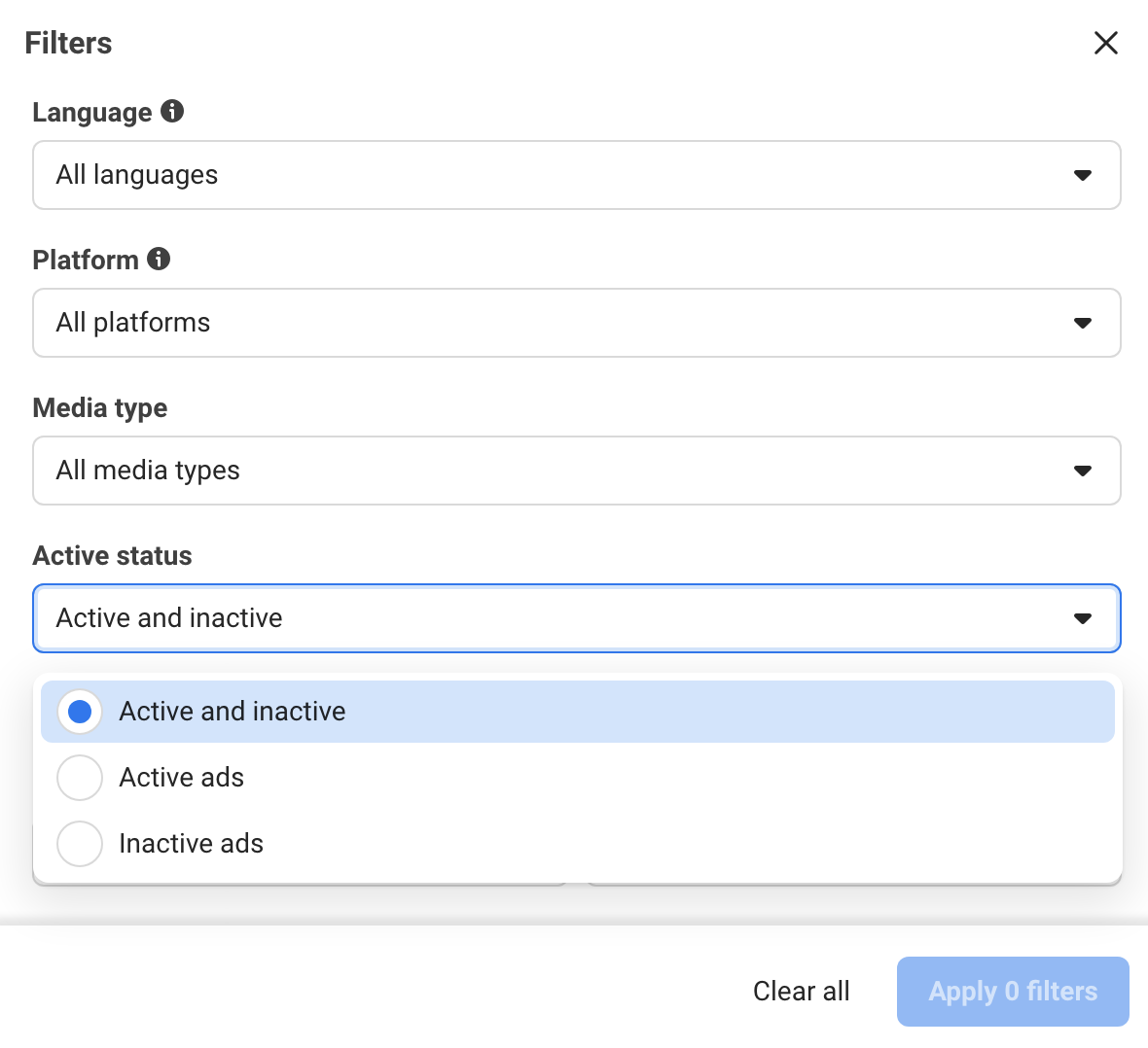 Meta Ad Library filters with a filter to display active and inactive ads.