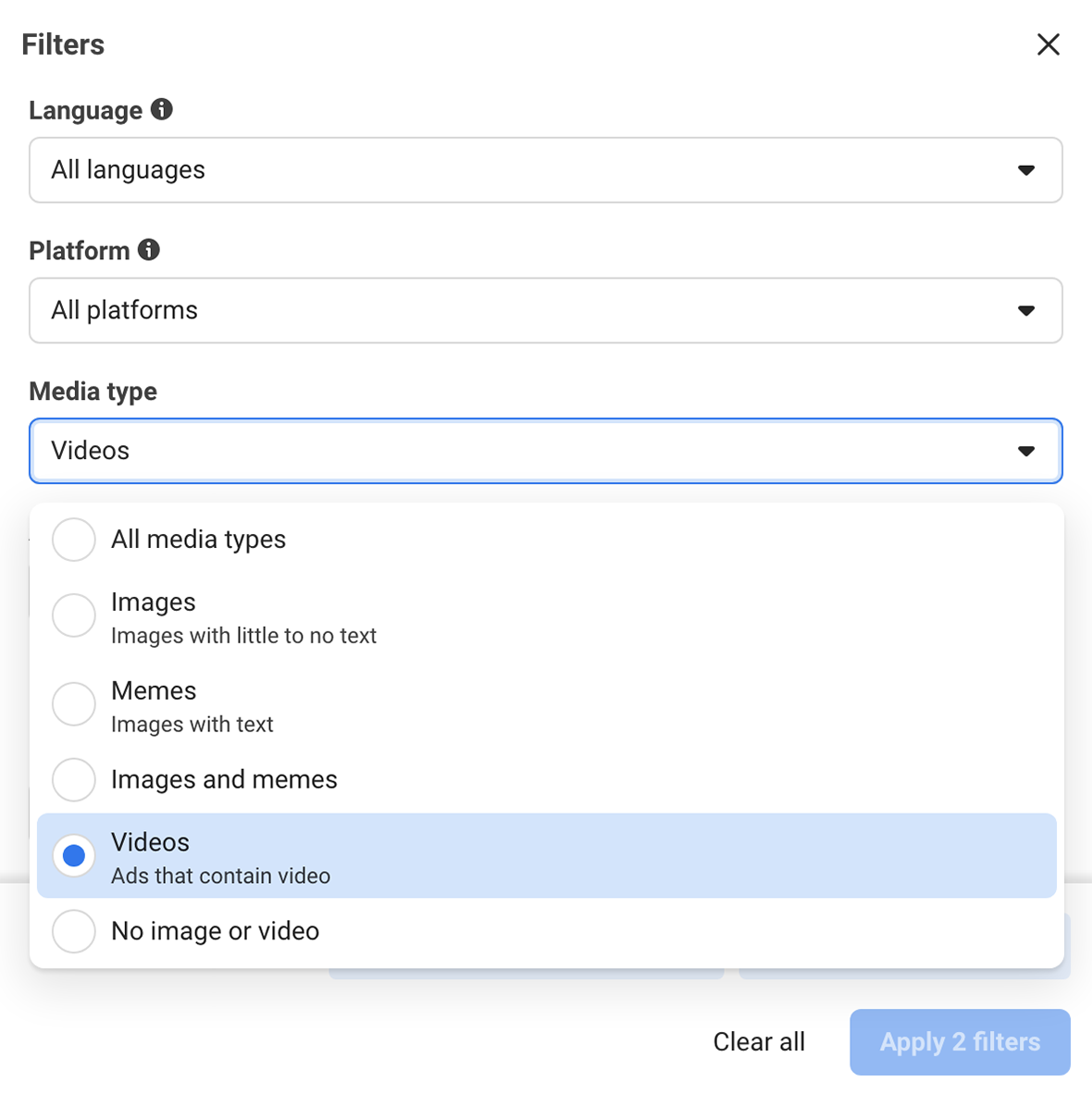 Meta Ad Library filters with a filter to display just videos.