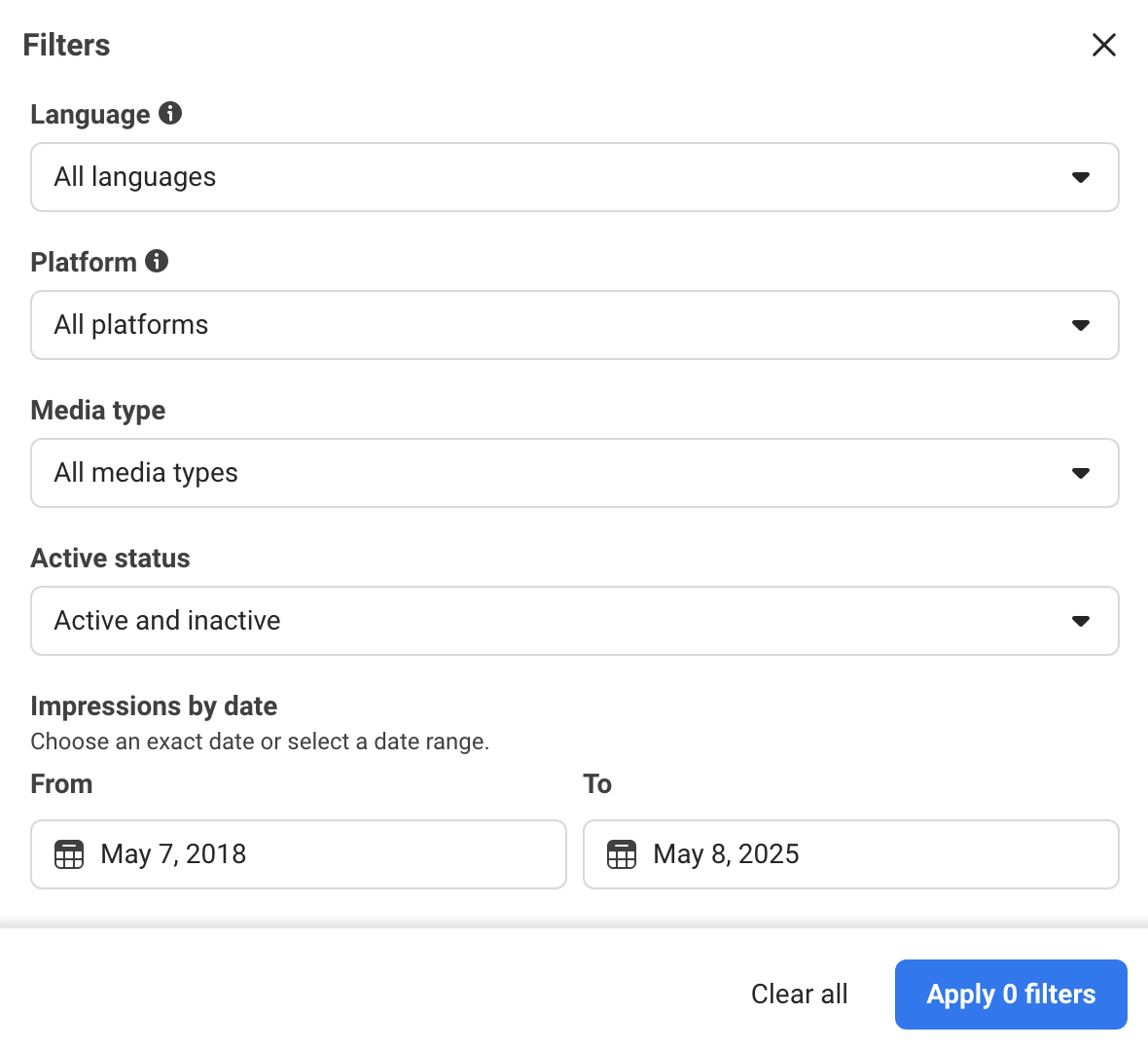 Facebook Ad Library filter menu.