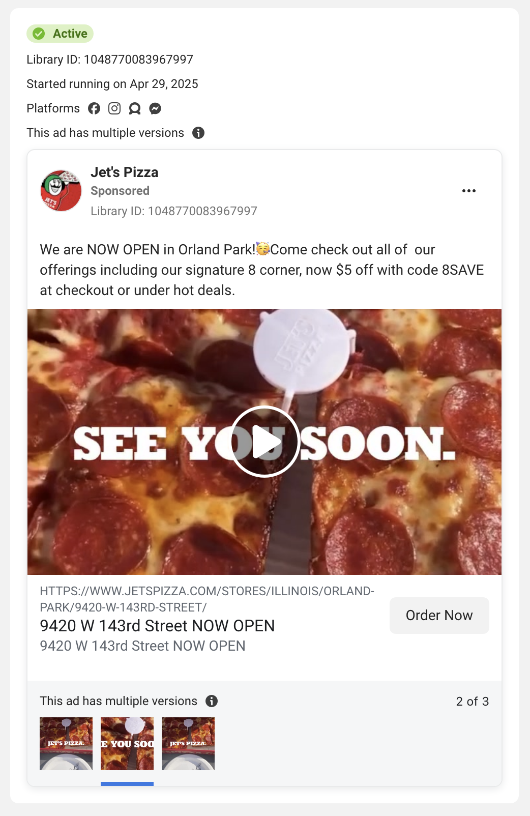 Jet's Pizza Facebook ad.