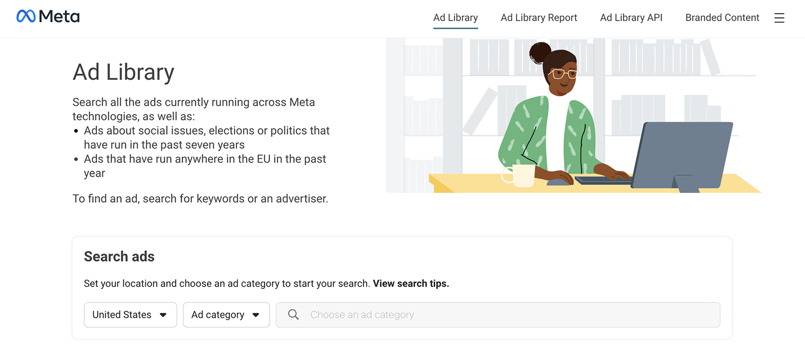 Landing page for the Facebook Ad Library.