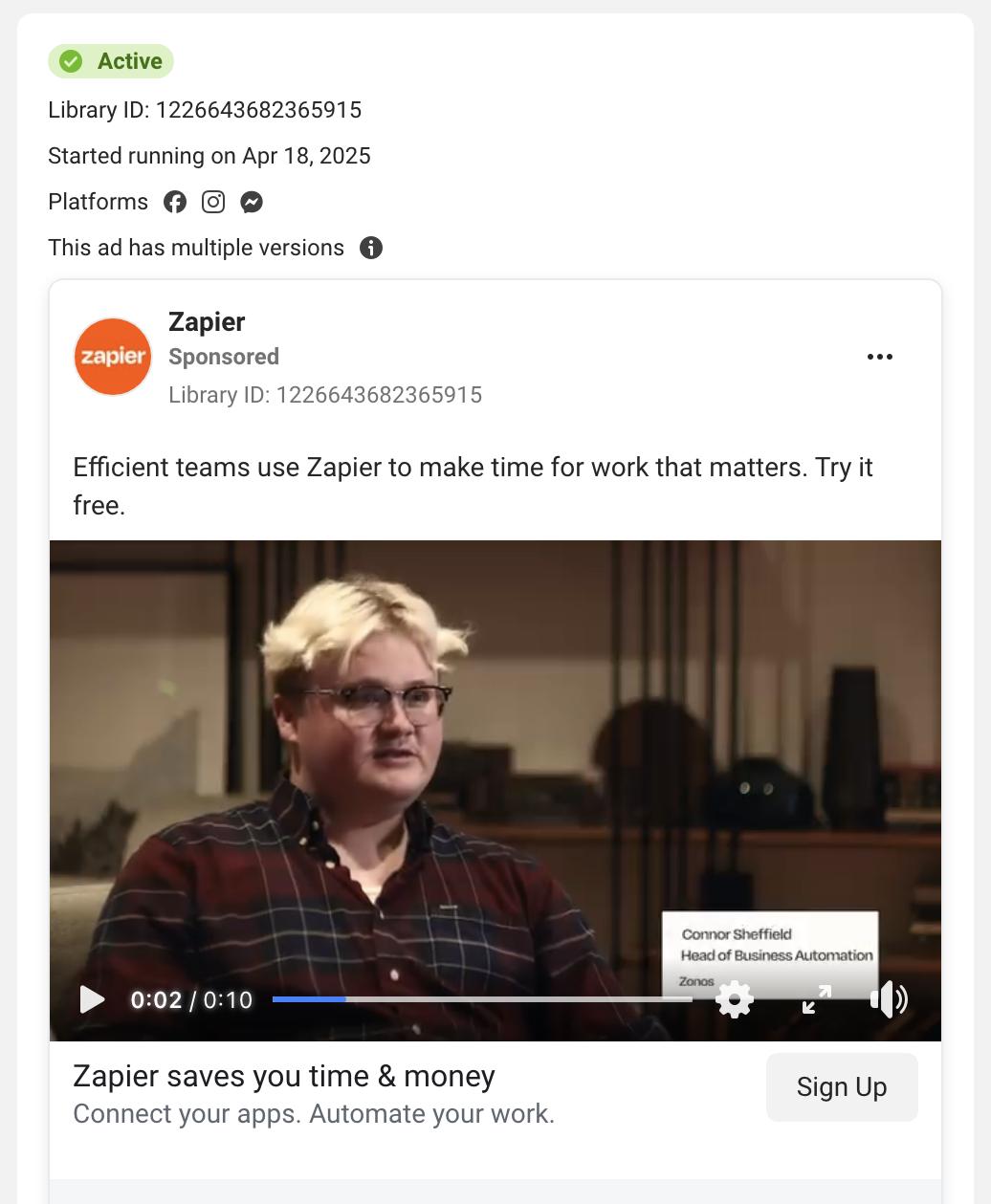 Zapier customer testimonials ad.