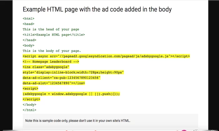 Google AdSense ad example HTML code for How to Make Money Blogging