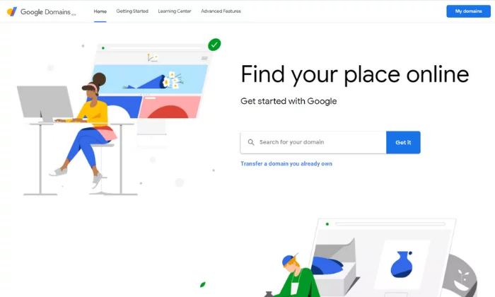 หน้าเริ่มต้นหลักของ Google Domains สำหรับผู้รับจดทะเบียนโดเมนที่ดีที่สุด