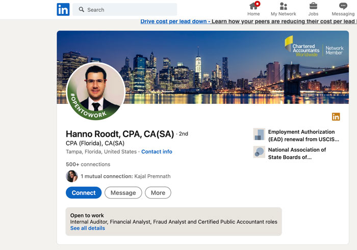 Marketing Tips for Accountants CPAs - Start Using LinkedIn (example of CPA profile)