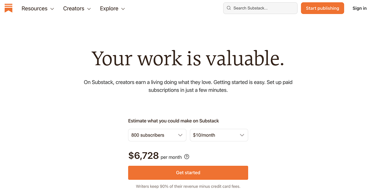 Substack's calculator to determine income from work.