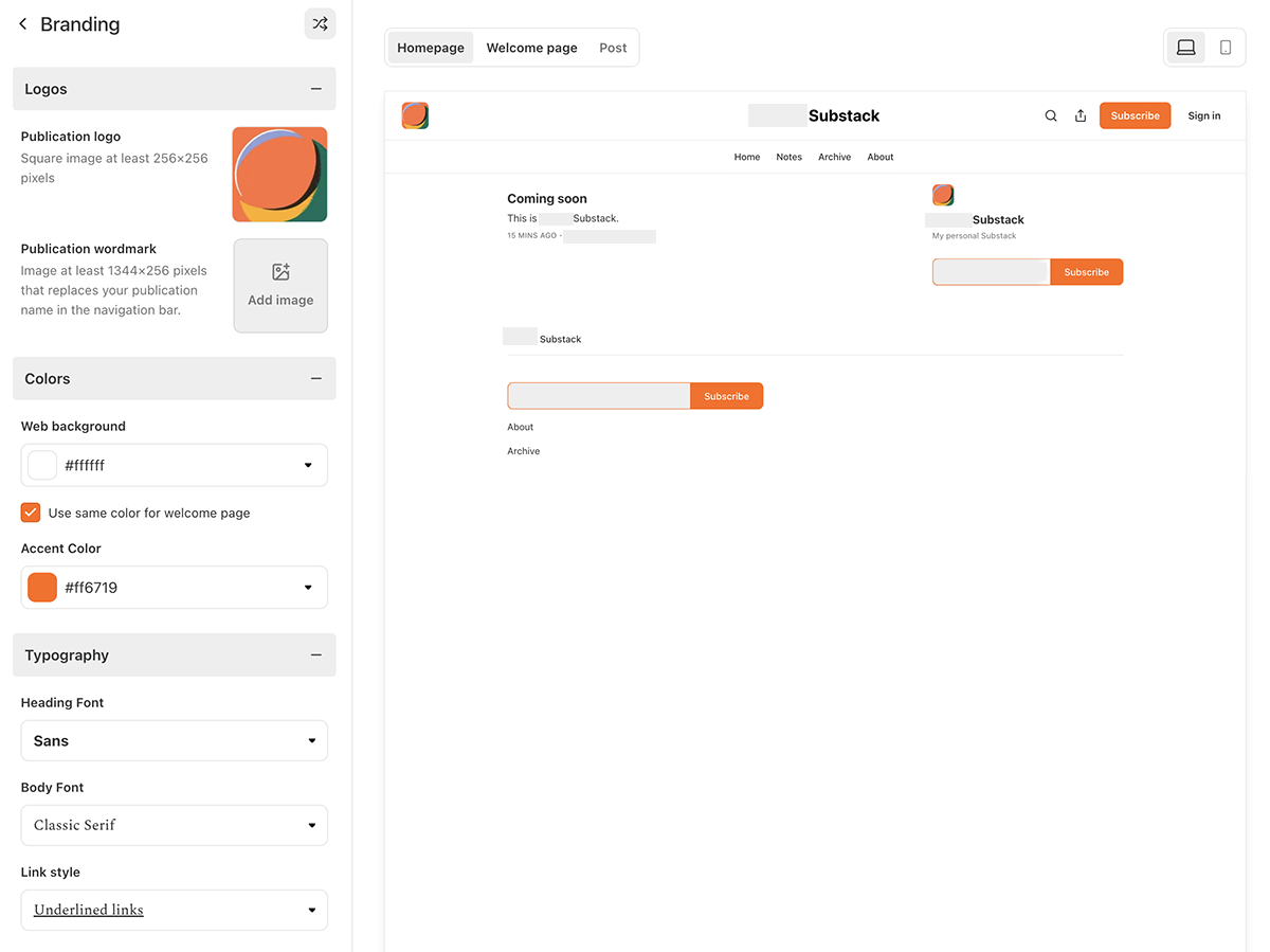 Substack homepage setup.