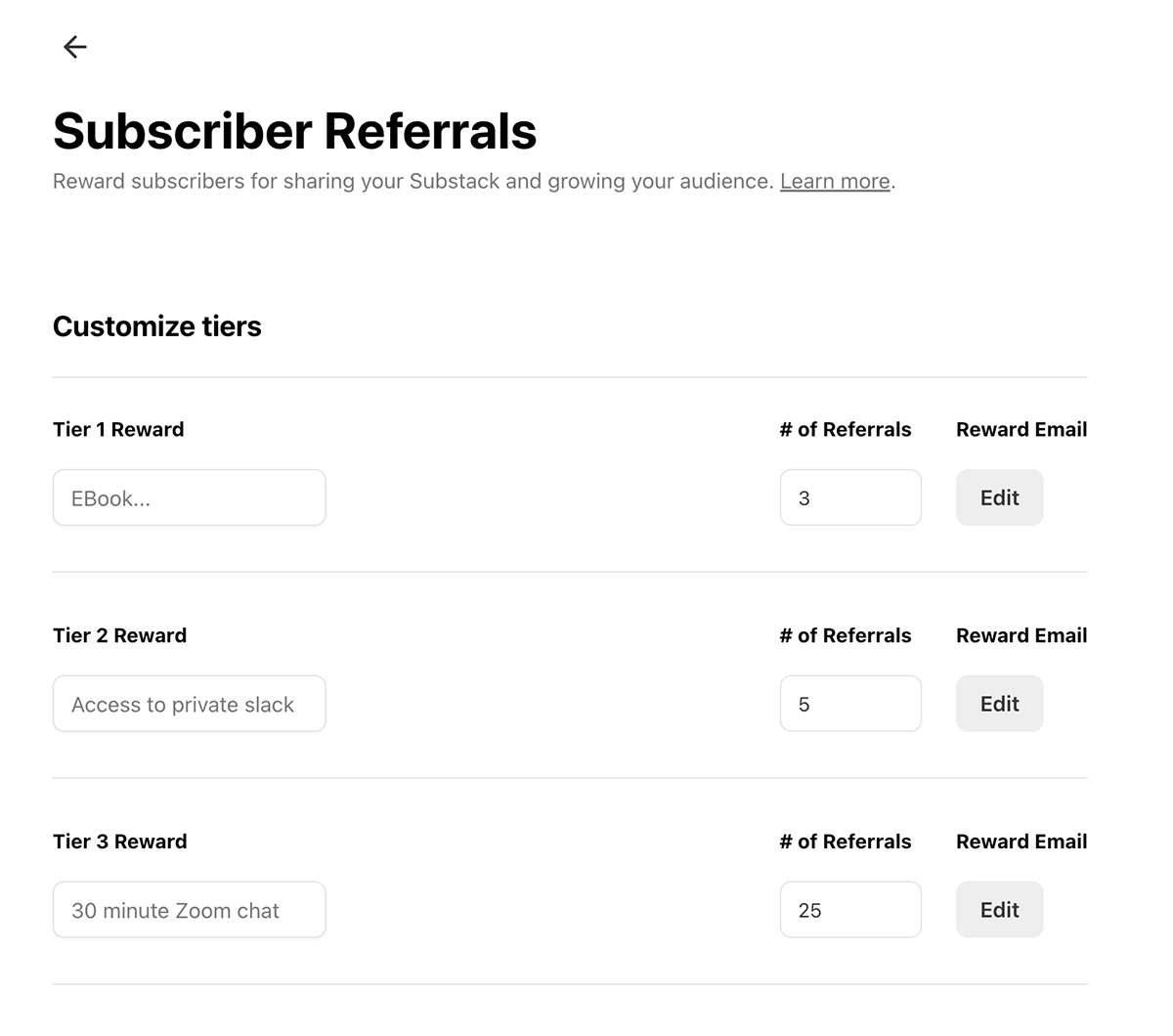 Subscriber referrals page in Substack.