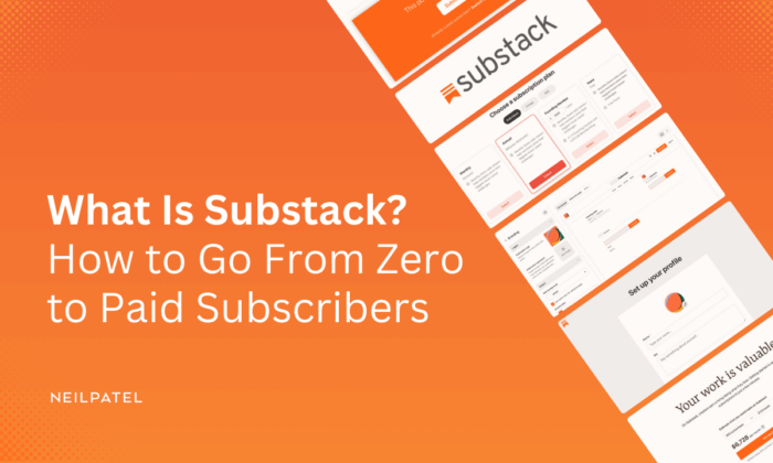 Orange illustration with webpage images and text that reads "What Is Substack? How to Go From Zero to Paid Subscribers."