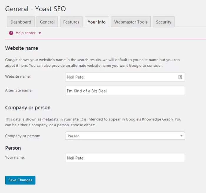 Enter site info for Yoast SEO for How to Start a Blog
