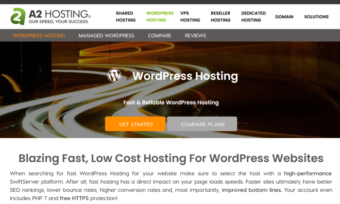 A2 Hosting splash page for Best WordPress Web Hosting
