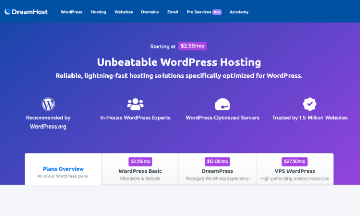 Page de démarrage DreamHost pour le meilleur hébergement Web WordPress