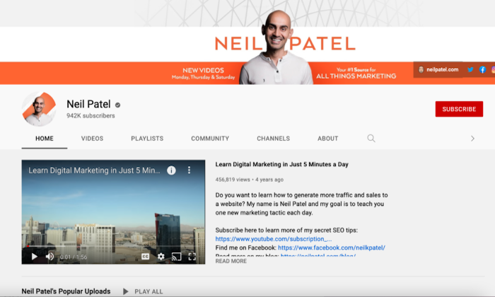 A screenshot of Neil Patel's YouTube account. 