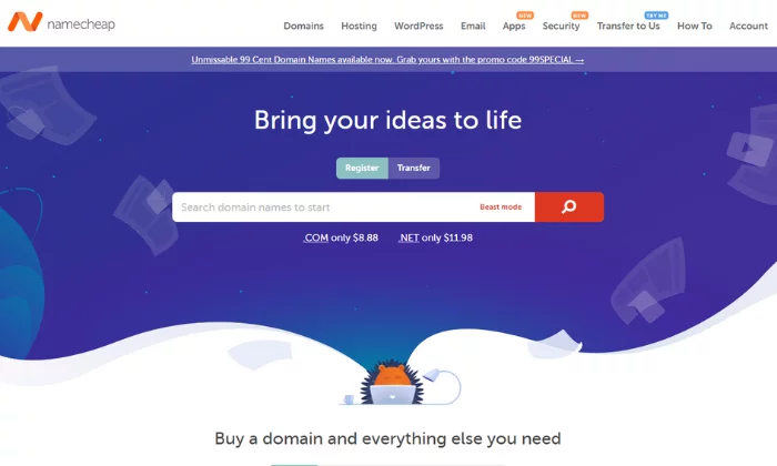 Namecheap main splash page för bästa domänregistrator