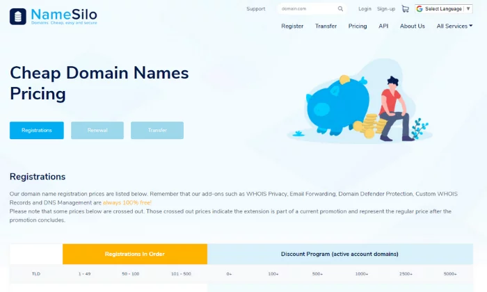 NameSilo main splash page för bästa domänregistrator