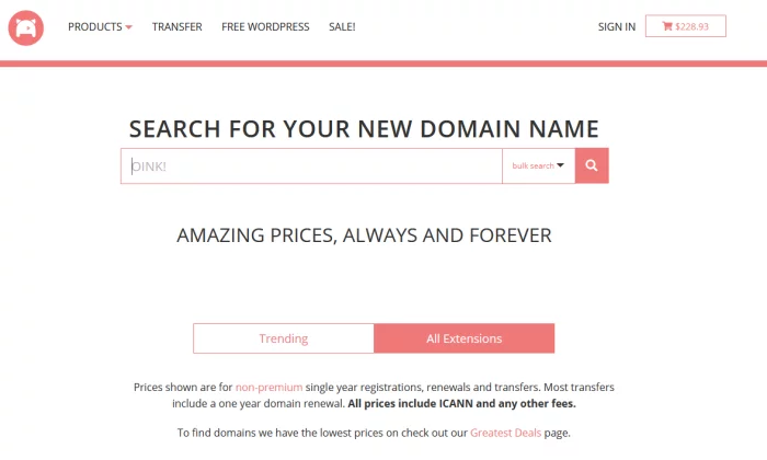 หน้าสแปลชหลักของ Porkbun สำหรับ Best Domain Registrar