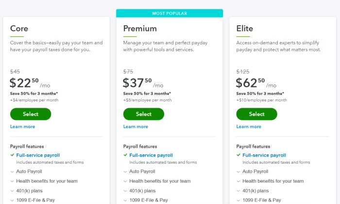 Quickbooks pricing tiers for Best Payroll Services