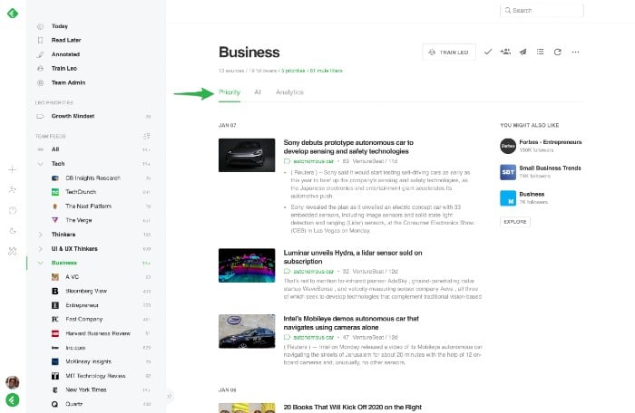 Social media tool Feedly includes a priorities tab within topics.