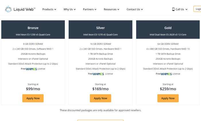 Liquid Web pricing page for Best Reseller Hosting
