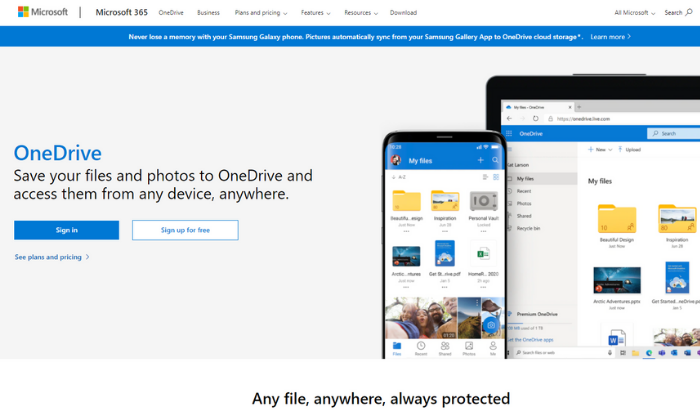 Microsoft OneDrive splash and signup page for Best Cloud Storage Services