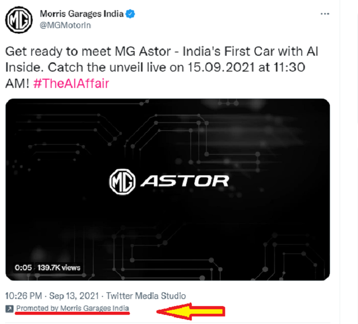 Niche paid ad campaign on Twitter posted by Morris Garages India. 