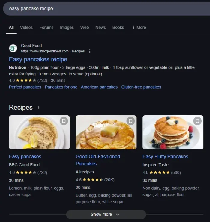 Rich results for "easy pancake recipe." in Google.