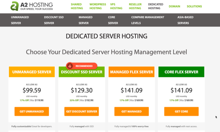A2 Hosting pricing page for Best Dedicated Hosting