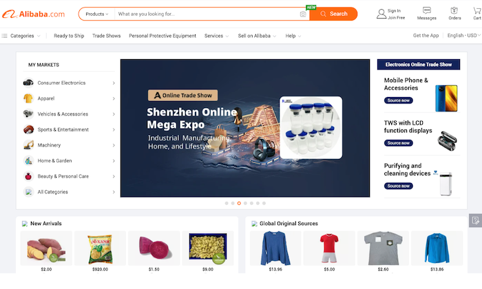 Alibaba homepage for How to Start an Online Store