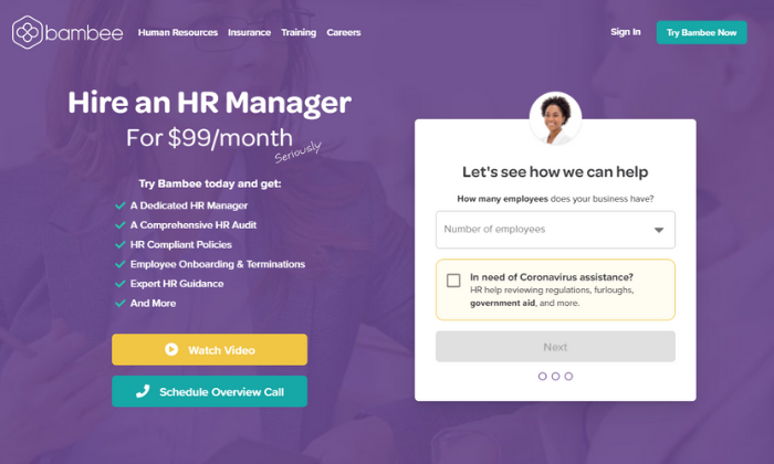 Bambee main page for Best HR Outsourcing Services