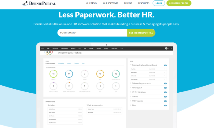 BerniePortal interface splash page for Best HR Software