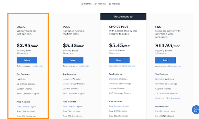 Bluehost Basic plan for How to Get a Free Domain Name