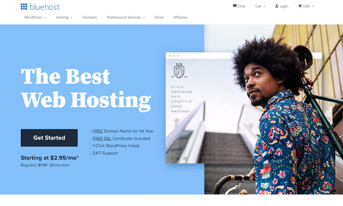 Bluehost main page for How to Get a Free Domain Name