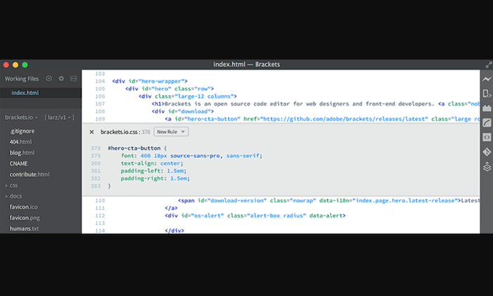 Brackets interface for the best HTML editors