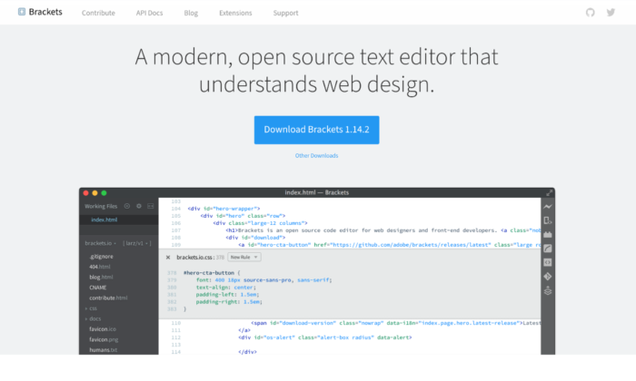 Brackets splash page for Best HTML Editors