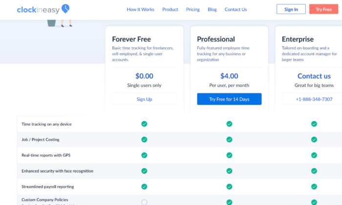 ClockInEasy pricing page for Best Time Clock Software