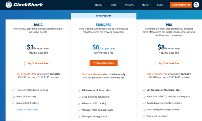 ClockShark pricing page for Best Time Clock Software