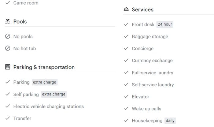 amenities additional information for google hotel