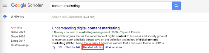 How to Use Google Scholar to Find Content Ideas - related articles button