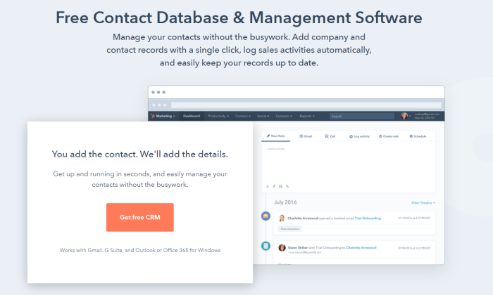 HubSpot free version page for Best Contact Management Software